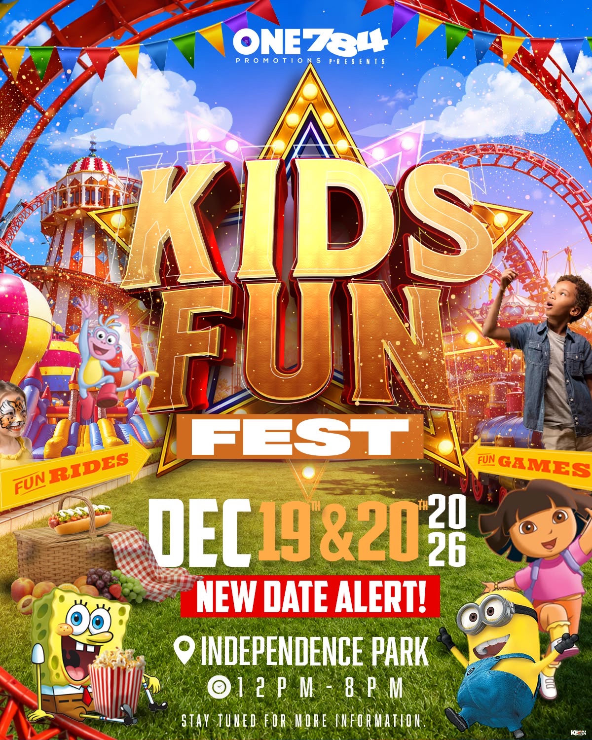 Kids Fun Fest official event flyer with rides, characters, date and venue details